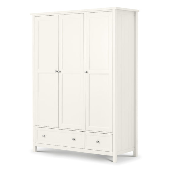 White wardrobe with three doors and two drawers on a white background