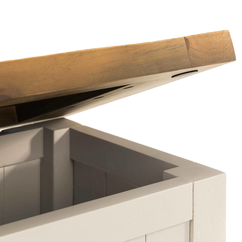 Wooden storage bench with open lid on a white background