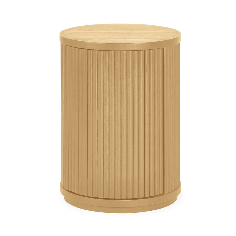 Beige cylindrical side table with a ribbed texture on a white background