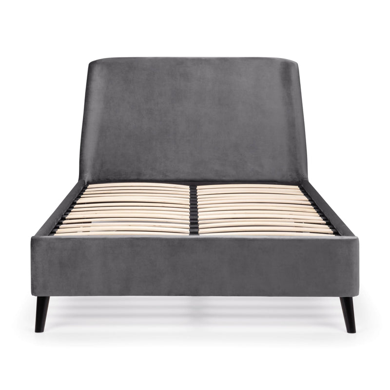 Gray upholstered bed with wooden slats on a white background
