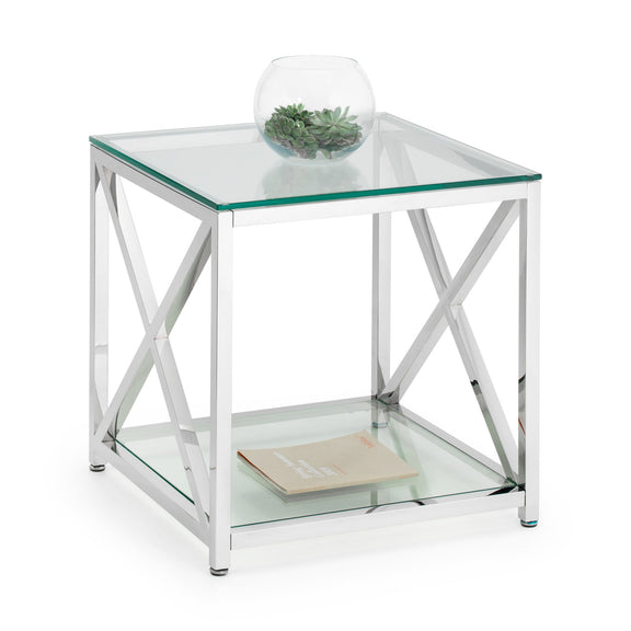 Glass side table with metal frame on a white background