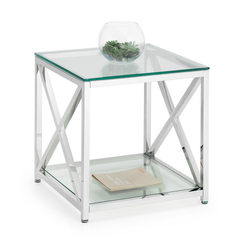 Glass side table with metal frame on a white background
