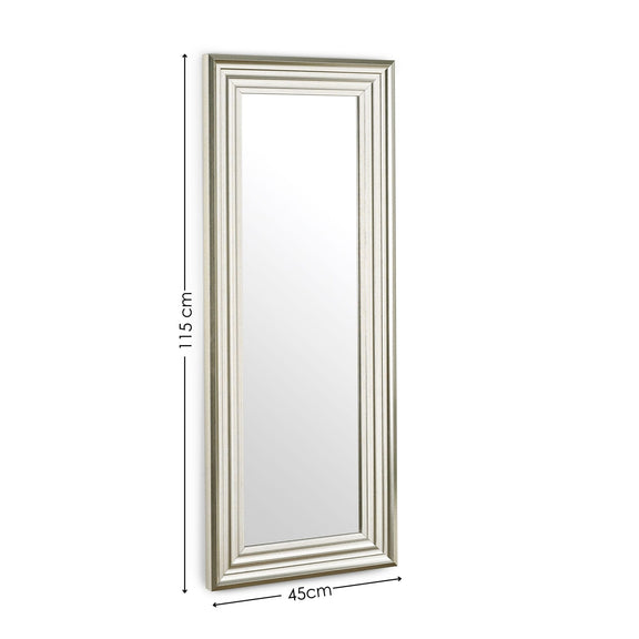 Rectangular mirror with silver frame and dimensions on a white background
