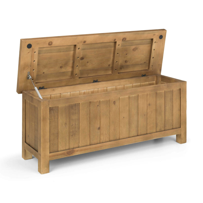 Wooden storage bench with open lid on a white background