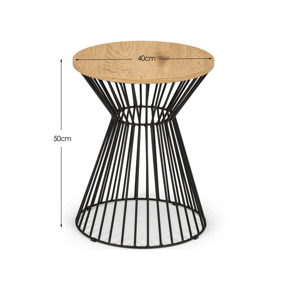 Small stool with black wire frame and wooden seat on a white background