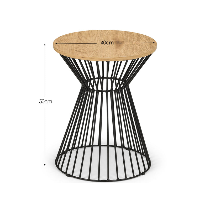 Small stool with black wire frame and wooden seat on a white background