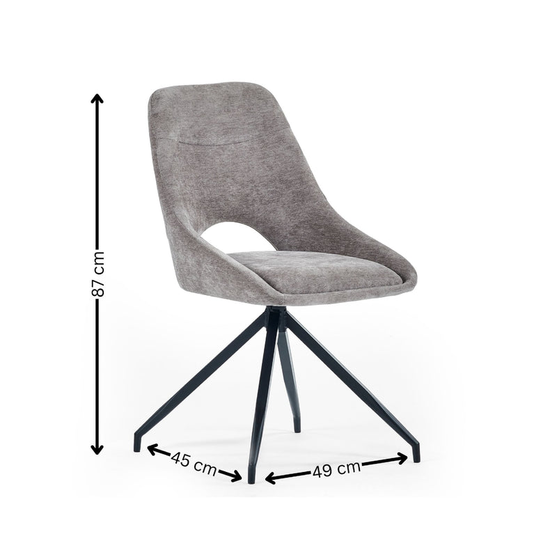 Gray chair with black metal legs and dimensions indicated on a white background