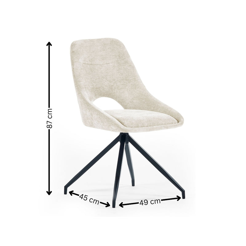 Beige chair with black metal legs and dimensions indicated on a white background