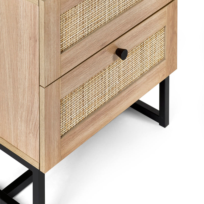 Wooden cabinet with woven design and black legs on a white background