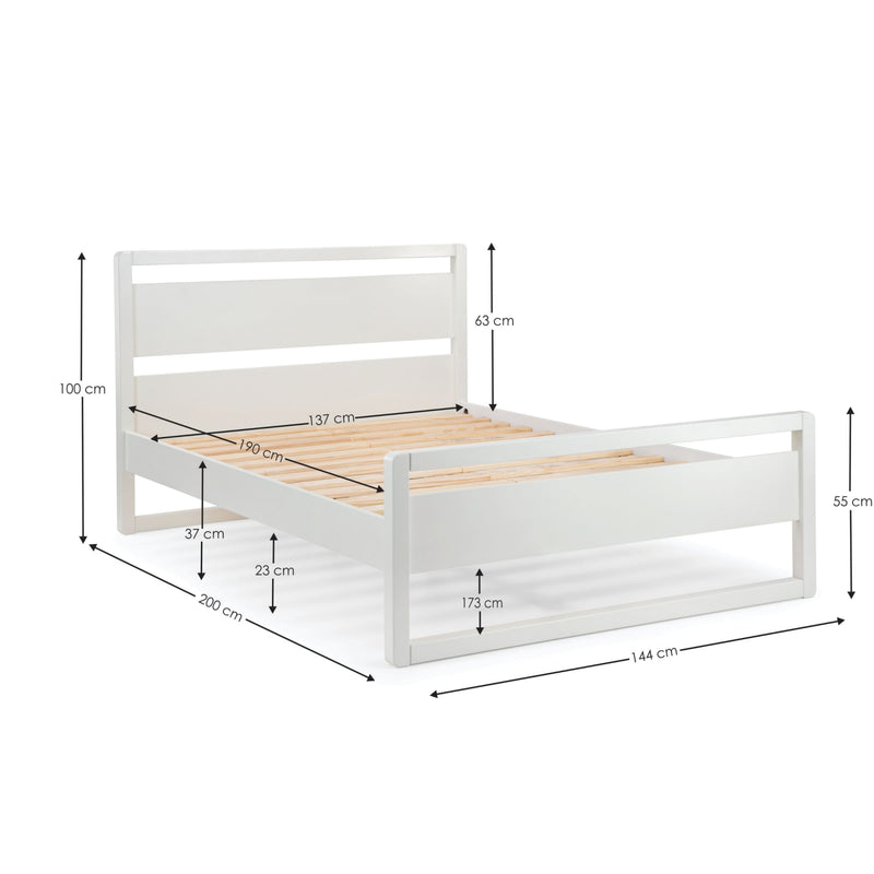 White bed frame with wooden slats and dimensions labeled on a white background