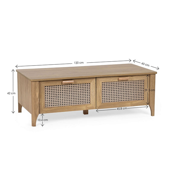 Wooden coffee table with wicker doors and dimensions on a white background