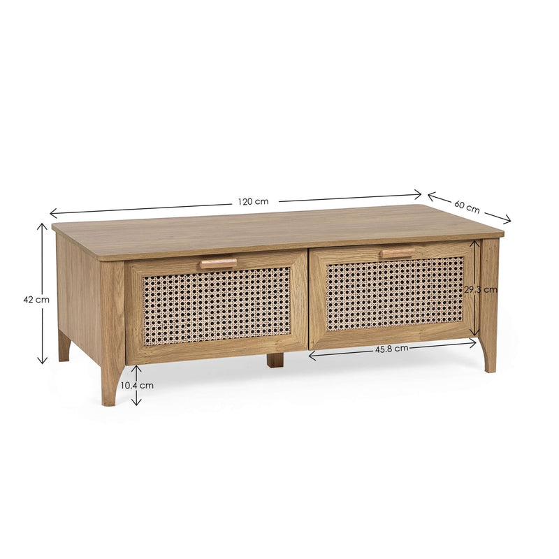 Wooden coffee table with wicker doors and dimensions on a white background