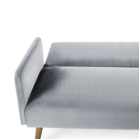Gray velvet sofa with wooden legs on a white background
