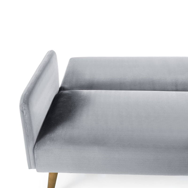 Gray velvet sofa with wooden legs on a white background
