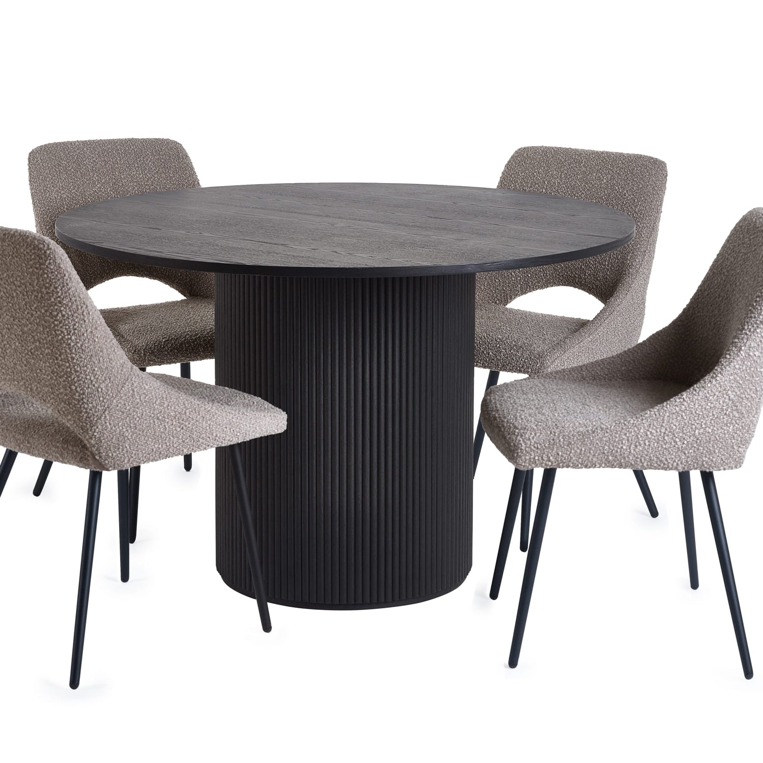 Round black dining table with four gray chairs on a white background