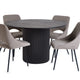 Round black dining table with four gray chairs on a white background