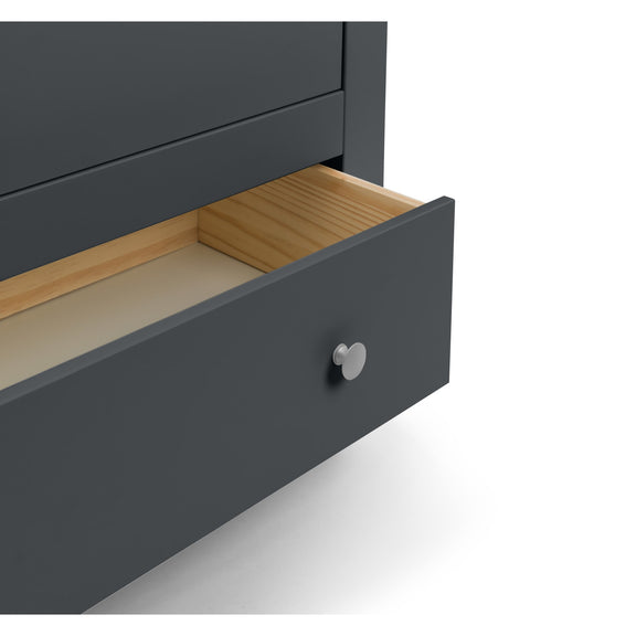 Gray dresser with a drawer open, showing wooden interior.