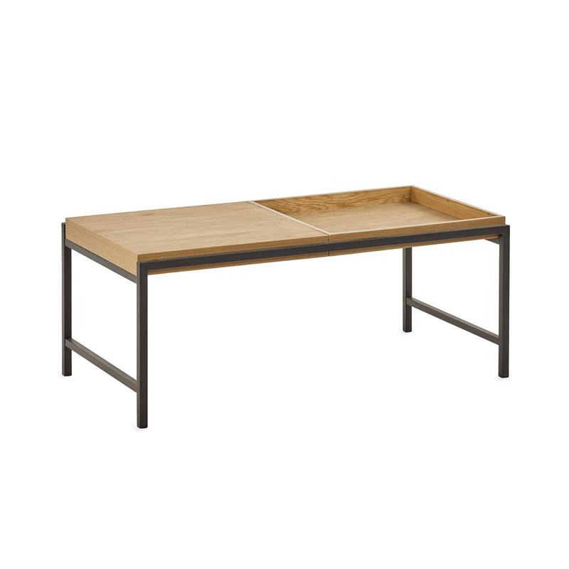 Wooden table with metal frame on a white background