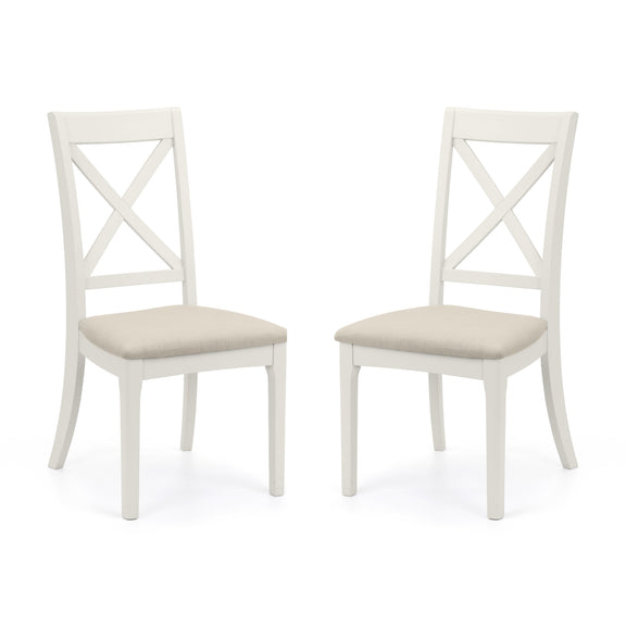 Two white chairs with beige seats on a white background
