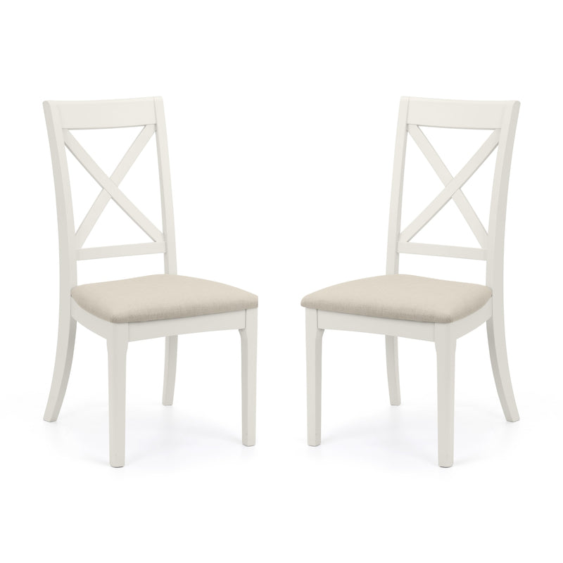 Two white chairs with beige seats on a white background