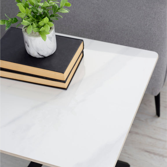 White table with black books and a plant on a gray background