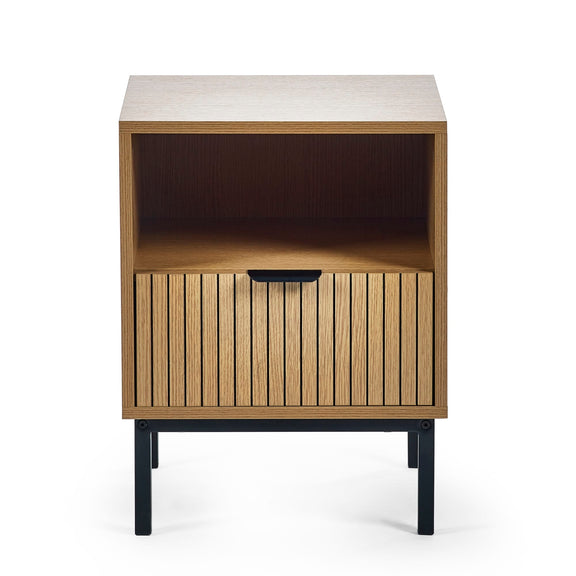 Wooden nightstand with white top and black legs on a white background