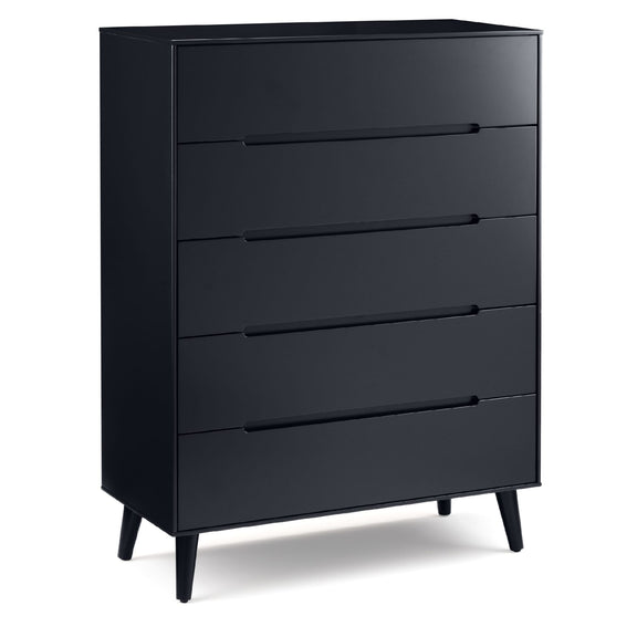 Black dresser with four drawers on a white background