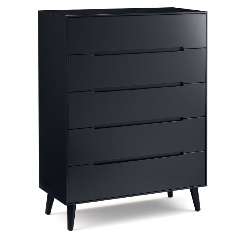 Black dresser with four drawers on a white background