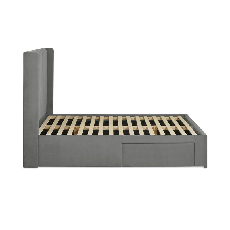 Gray bed frame with wooden slats on a white background