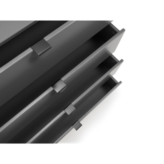 Dark gray metal drawer unit with open drawers on a white background