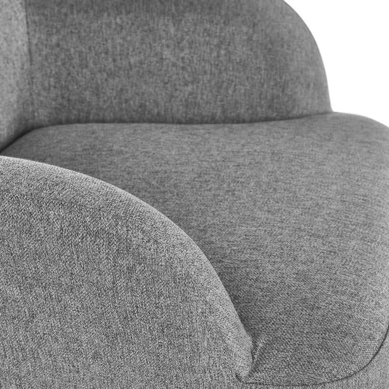 Gray fabric armchair with a close-up view of the texture.