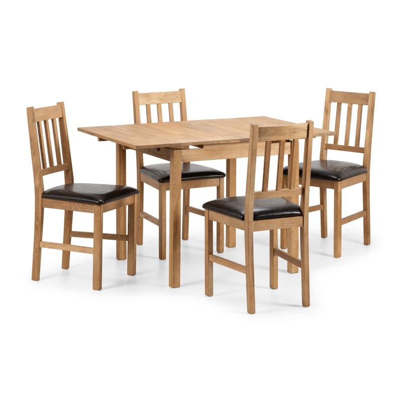 Wooden dining set with four chairs on a white background