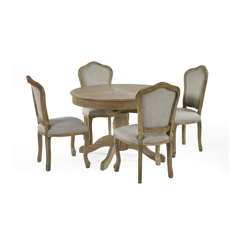 Dining table set with four chairs on a white background