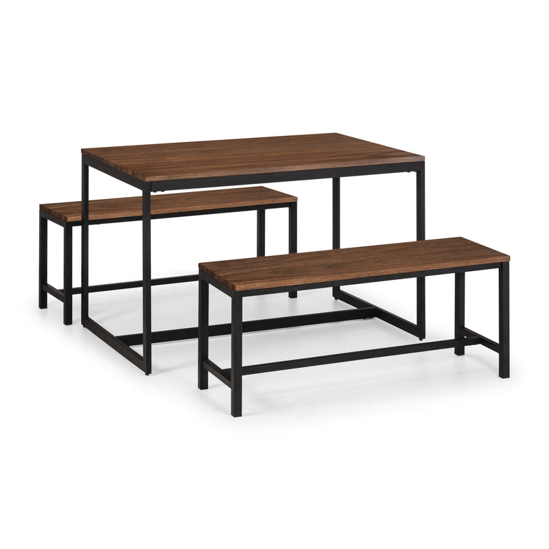 Set of wooden dining table and benches with black metal frames on a white background