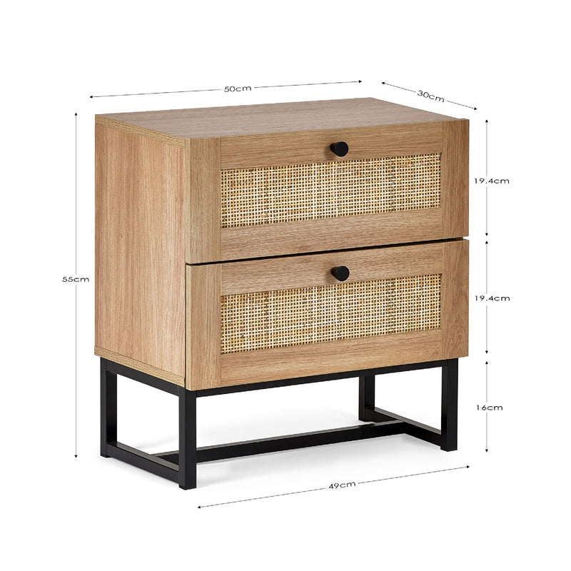 Wooden cabinet with wicker drawers and dimensions on a white background
