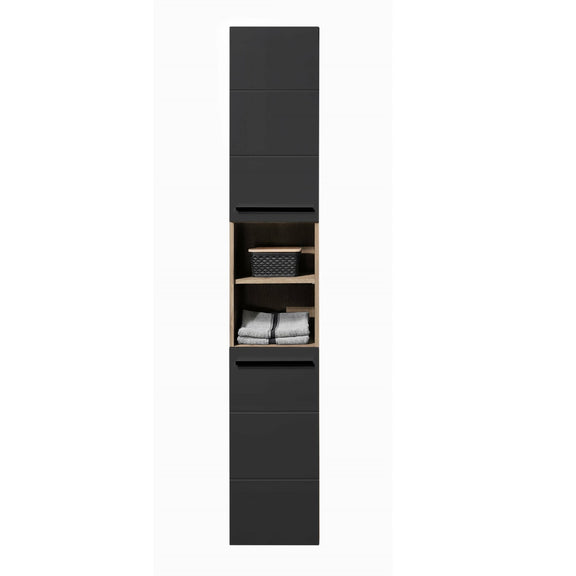 Tall black cabinet with shelves and drawers on a white background