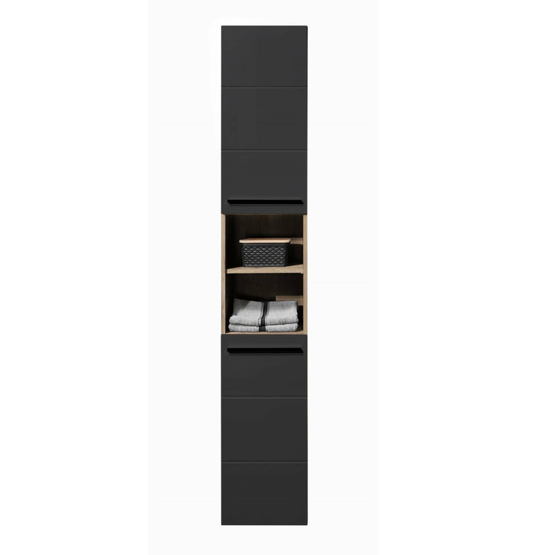 Tall black cabinet with shelves and drawers on a white background