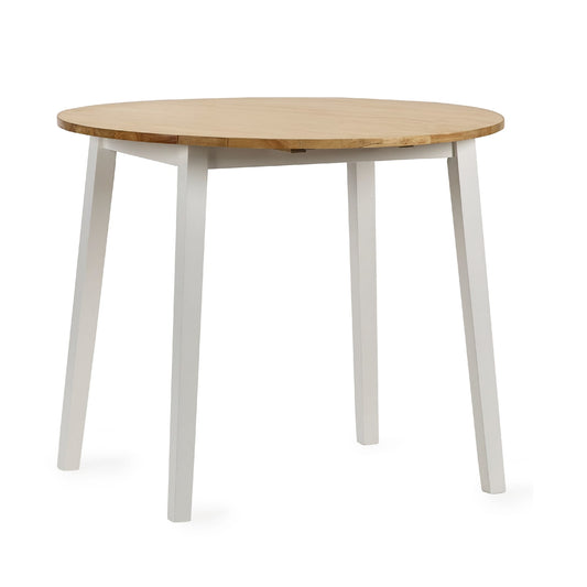 Round wooden table with white legs on a white background