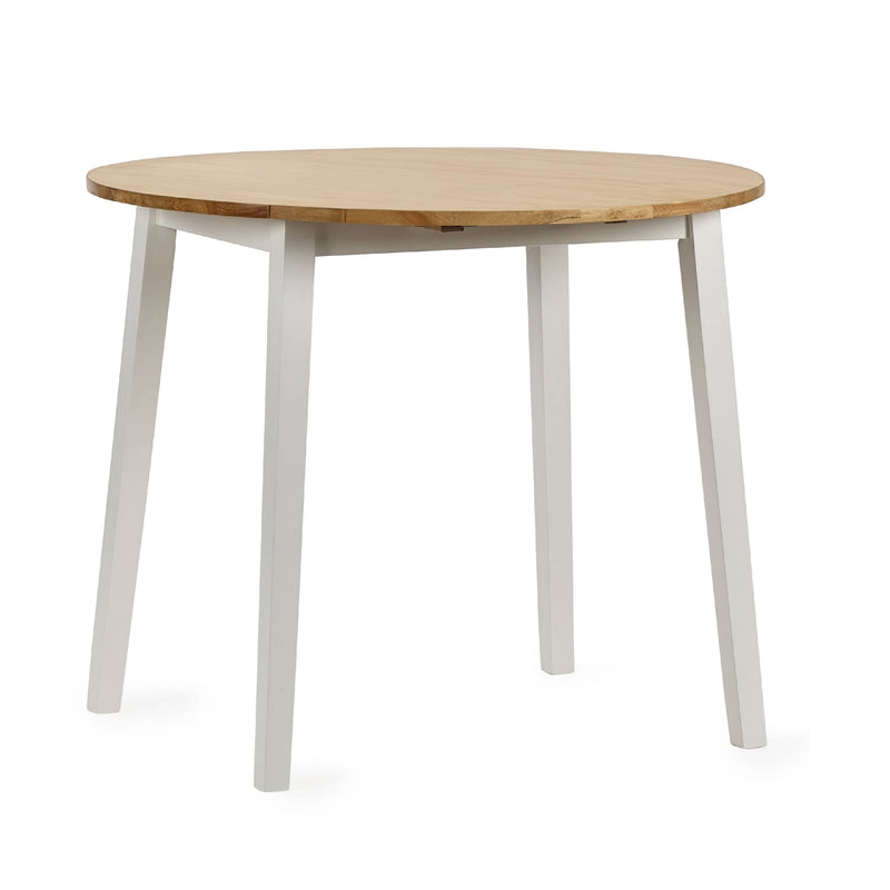 Round wooden table with white legs on a white background