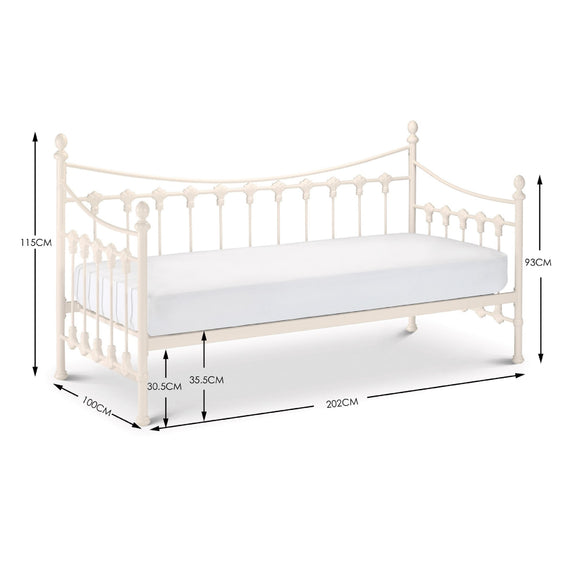 White metal daybed with dimensions indicated on a white background
