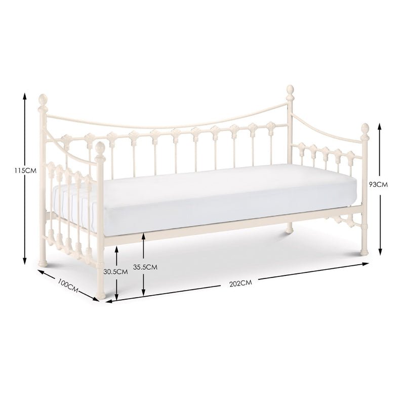 White metal daybed with dimensions indicated on a white background