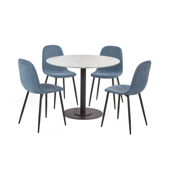 Round white table with four blue chairs on a white background