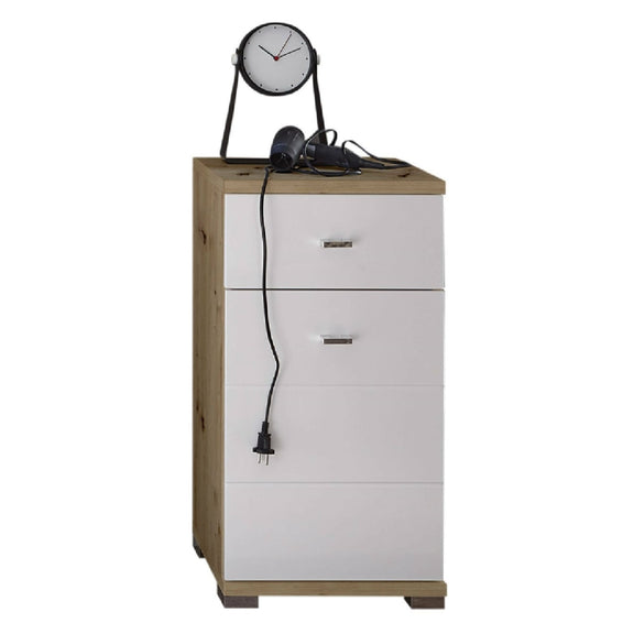 Small wooden cabinet with two drawers and a clock on top against a white background