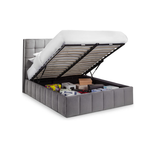 Gray upholstered bed with storage compartment on a white background