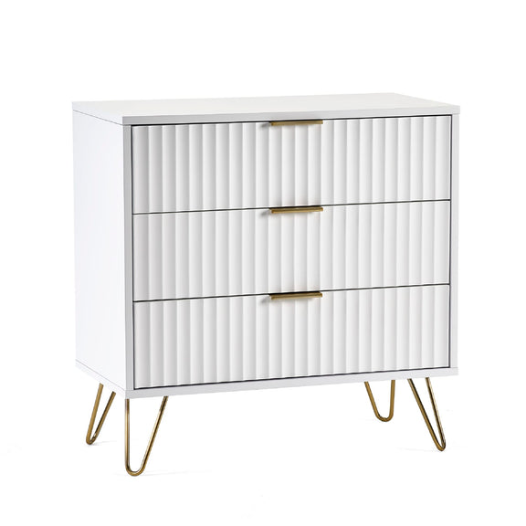 White dresser with gold legs and handles on a white background