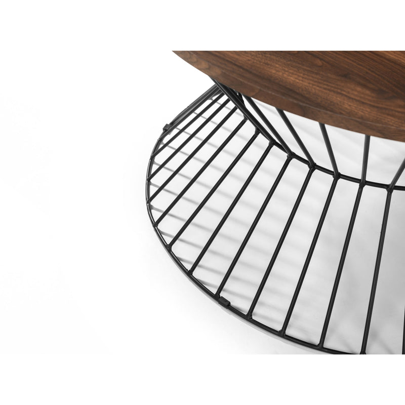 Close-up of a wooden table with a black metal base on a white background