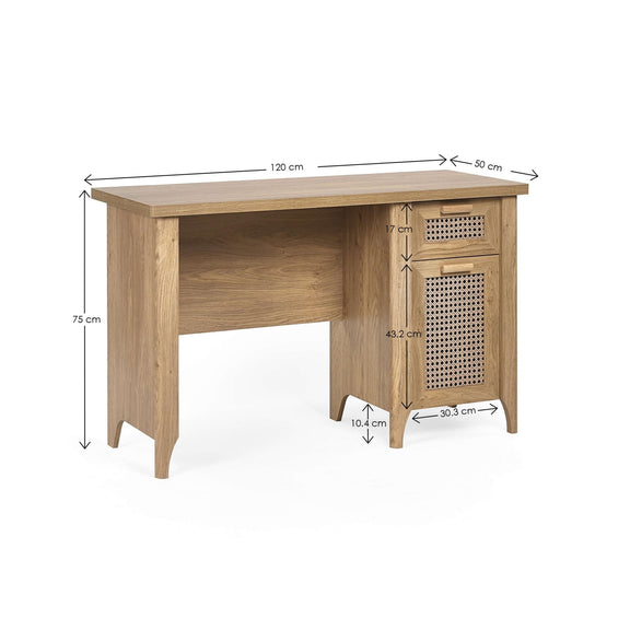 Wooden desk with dimensions indicated on a white background