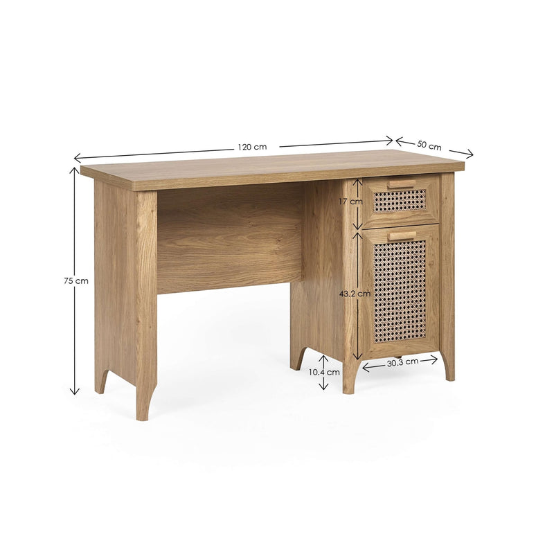 Wooden desk with dimensions indicated on a white background