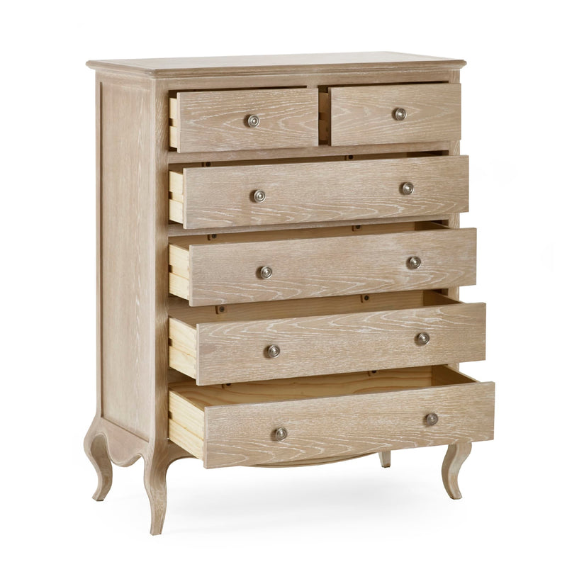 Wooden dresser with multiple drawers on a white background