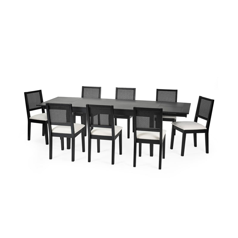 Outdoor dining set with a table and eight chairs on a white background